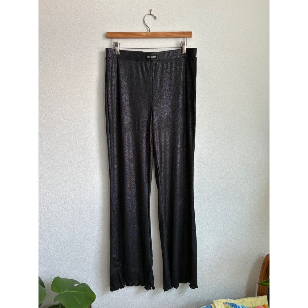 Steve Madden Black Metallic Ribbed Flare Wide Leg Shimmer Pants Like New Large